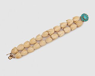 14K Yellow Gold, Turquoise, and Carved Ivory Bracelet