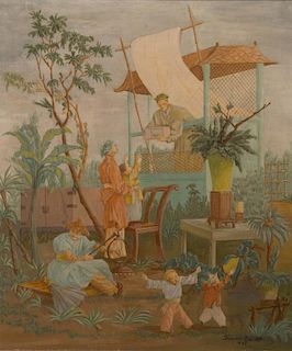 HENRI DOUCET, (French, 20th century), Chinese Family at Leisure, oil on canvas