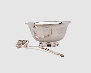 American Silver Punch Bowl, SHREVE CRUMP & LOW, retailer with Complementary Silver Plate Ladle