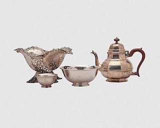 Collection of Silver, including: a teapot, two bowls and a basket