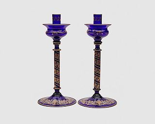 Pair of Gilt Decorated Cobalt Blue Murano Glass Candlesticks, Cenedese Vetri, maker