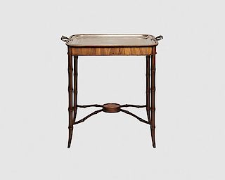 Regency Style Side Table, the top a CHRISTOFLE Silver Plated Two Handled Tray, set in a faux bamboo mahogany base