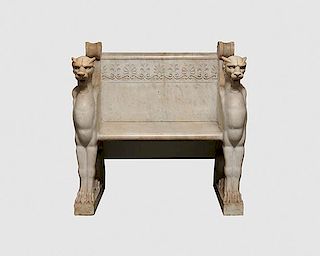 Italian Neoclassical Carved White Marble Bench with Winged Griffin Arms, 19th century