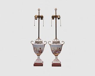 Pair of Continental Porcelain Covered Two Handled Vases, now mounted as lamps