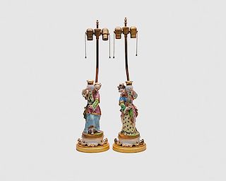 Pair of English Porcelain Chinoiserie Figurines, mounted as lamps, ca. 1900