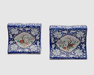 Pair of Chinese Blue Ground Floral Decorated Porcelain Pillows, 19th century