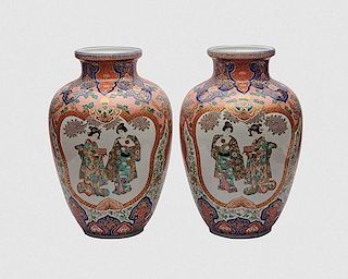 Pair of Japanese Imari Figural Decorated Vases