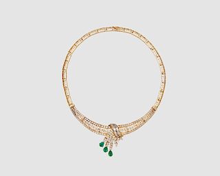 14K Yellow Gold, Emerald, and Diamond Necklace