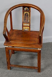 Antique Chinese Horseshoe Chair with Carved Back.