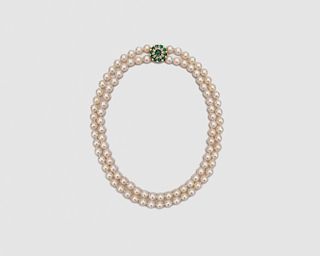 Pearl Necklace with 18K Yellow Gold, Emerald, and Diamond Clasp