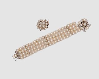 14K White Gold, Diamond, and Pearl Bracelet and Clasp