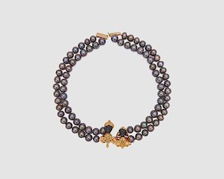 Black South Sea Pearl and 18K Yellow Gold and Gemset Blackamoor Necklace