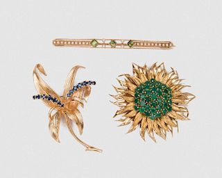 Three 14K Yellow Gold and Gemset Brooches