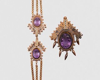 14K Yellow Gold, Amethyst, Seed Pearl, and Enamel Suite