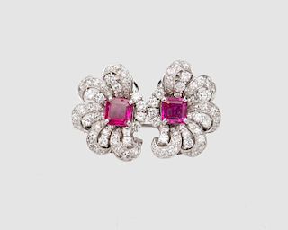 Platinum, Ruby, and Diamond Earclips, Dressclips, or Brooch