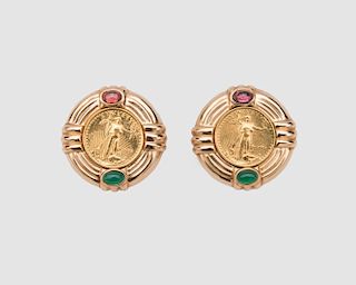 14K Yellow Gold, Gold Coin, and Gemset Earrings