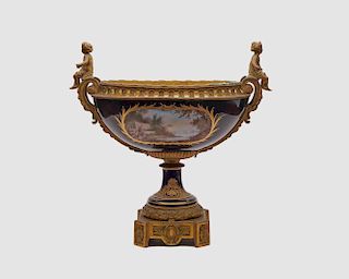 Sevres Style Cobalt Blue Ground Porcelain Gilt Bronze Mounted Oval Footed Jardiniere, late 19th/early 20th century