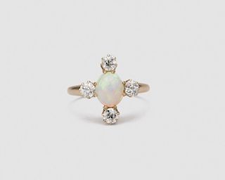 14K Yellow Gold, White Opal, and Diamond Ring