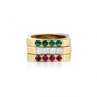 David Webb Diamond Ruby and Emerald Ring Set