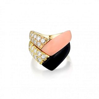 Van Cleef & Arpels Coral and Onyx Diamond Ring Stack