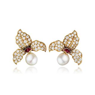 A Pair of Cultured Pearl Diamond and Ruby Ear Clips, French