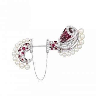 A Platinum and White Gold Ruby, Diamond and Cultured Pearl Jabot