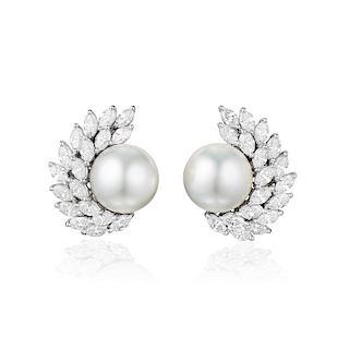 A Pair of South Sea Pearl and Diamond Earrings