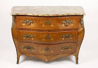 Italian Marble Top Bombe Marquetry Commode