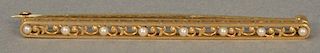 14K gold bar pin set with small pearls, lg. 2 1/2in., 4 grams