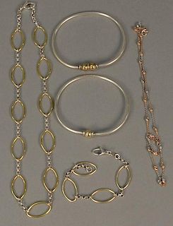 Five piece lot including two gold and silver necklaces, and three gold and silver bracelets.