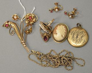 Group lot with 10K flower pin and earrings and 10K and gold filled cameo.