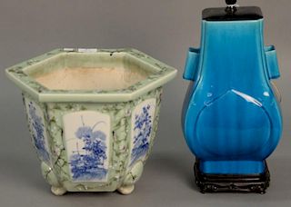 Two piece lot including Chinese celadon planter with blue and white panels (ht. 9 1/2in., wd. 12 1/2in.) and a blue glazed sq