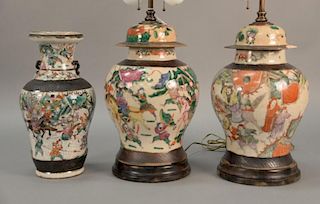 Three piece lot to include a pair of rose medallion table lamps and one vase (one lamp with large chip). vase ht. 14in.