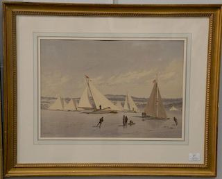 Two Fred S. Cozzens colored lithographs to include a winter skating scene and a ship's at sea, both professionally matted and