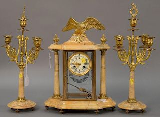 Three piece marble, crystal, and brass clock set (one candelabra arm as is). candelabra ht. 18in., clock ht. 16in., wd. 12in.