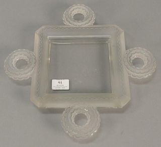 Lalique "Cluny" bowl in clear and frosted glass having square center dish with four circle candle holders. 13 1/2" x 13 1/2".