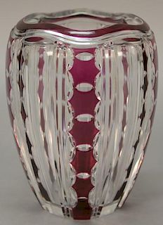 Val St. Lambert ruby cut to clear glass vase. ht. 7 1/2in.