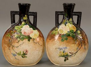 Pair of hand painted vases, art pottery with two handles having heavy enameling, marked E.G. on bottom. ht. 12in., wd. 8in.