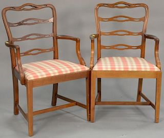 Three piece lot to include a pair of custom mahogany Chippendale style armchairs and a two tier burl stand. ht. 38 1/2in., di
