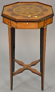 Inlaid octagon top stand having candle slide. ht. 30in., top: 17" x 17"