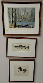 Group of eight framed sporting pieces to include 
"The Meet" fox hunting lithograph after Herring, 
Bob Hines framed print an