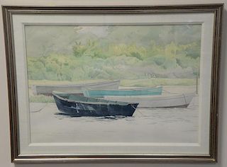Group of four larger framed watercolors to include: 
abstraction, Sailing Vessels, signed lower right: Larsen; 
pastel of Lan