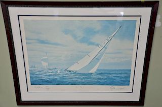Four framed pieces to include: 
engraving, "Winter, Two Hours Behind and Four Miles to go", after H. Aiken; 
America's Cup-74