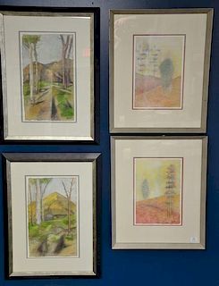 Group of four decorative framed watercolors on paper, all signed illegibly lower right (sheet size: 15" x 10" to sheet size 1