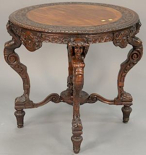 Mahogany round occasional table with carved top and faces on legs. ht. 29 1/2in., dia. 31in.