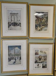 Nine piece lot including a set of eight Harper's Weekly colored lithographs, all matted and framed, some by Wesley Allen and 
