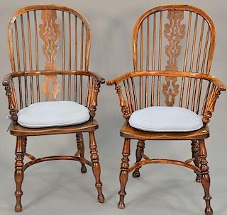 Pair of English yew wood Windsor armchairs.