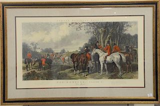 After J. F. Herring, colored engraving, Fox Hunting, Plate 1, The Meet Fores National Sports, framed and matted. plate: 24 1/