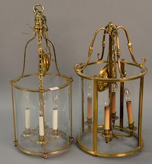Two large brass and glass hanging lights, each with four lights and round shade (one as is). ht. 22 1/2in. and 26in.