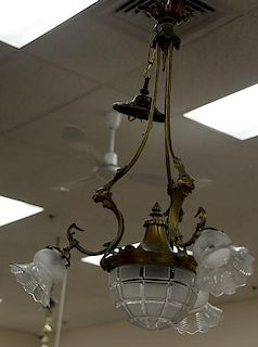 Two hanging lights including one Victorian oil lamp converted to electric. ht. approximately 34in. & 35in. plus chain.